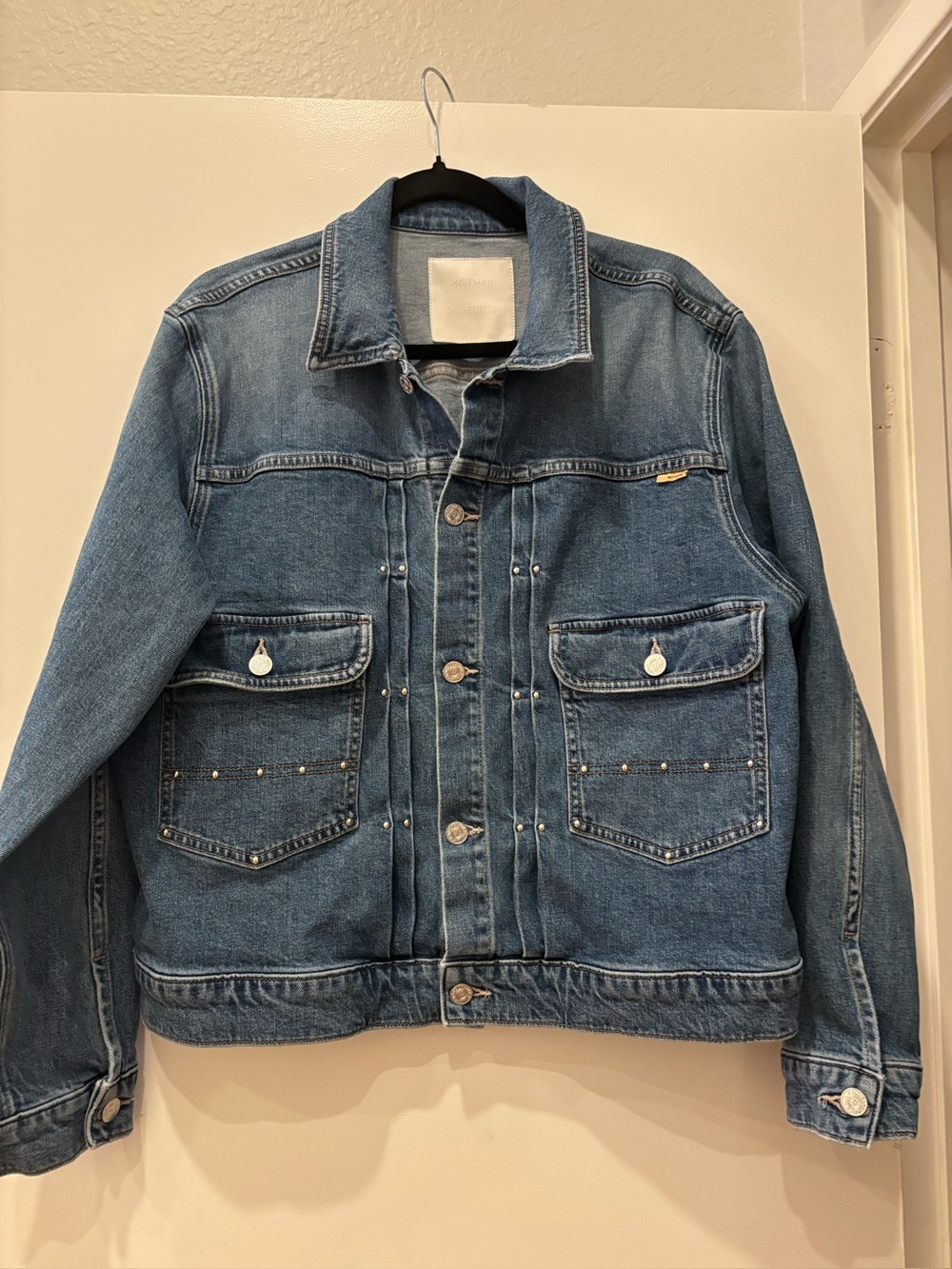 Like New MOTHER Superior The Duo Denim Jean studded Jacket Wash Metal Magic XL